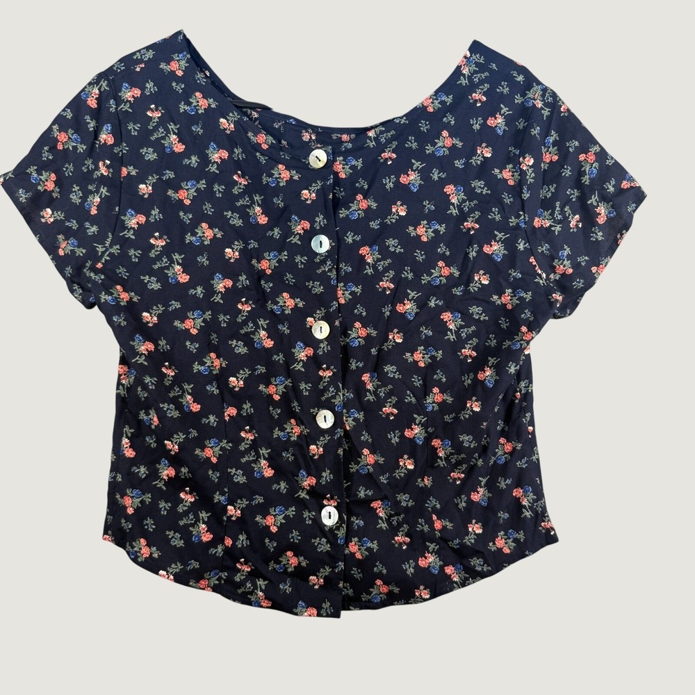 Womens Large Floral Baby Tee Button Front Navy Blue Cottagecore Top Romantic